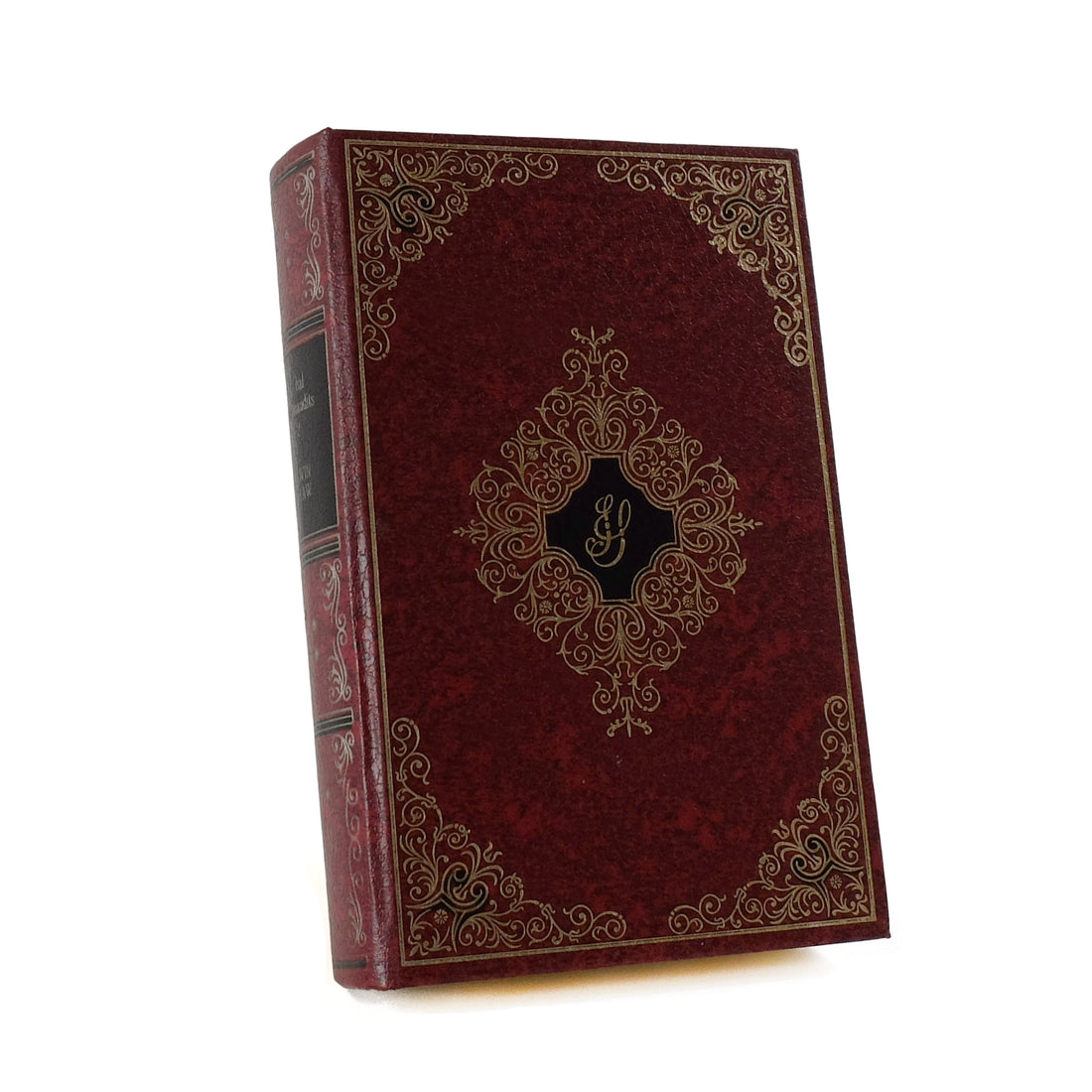 About Blanks notitieboek van de donkerrode skai kaft met gouden ornamenten van Le Bal des maudits, vooraanzicht schuin
