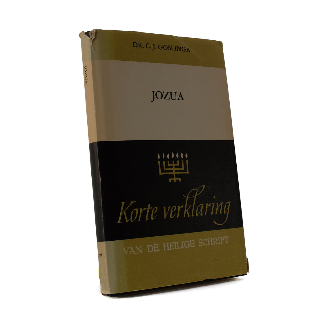About Blanks notitieboek van de kaft van Jozua van C.J. Goslinga met menorah, vooraanzicht schuin