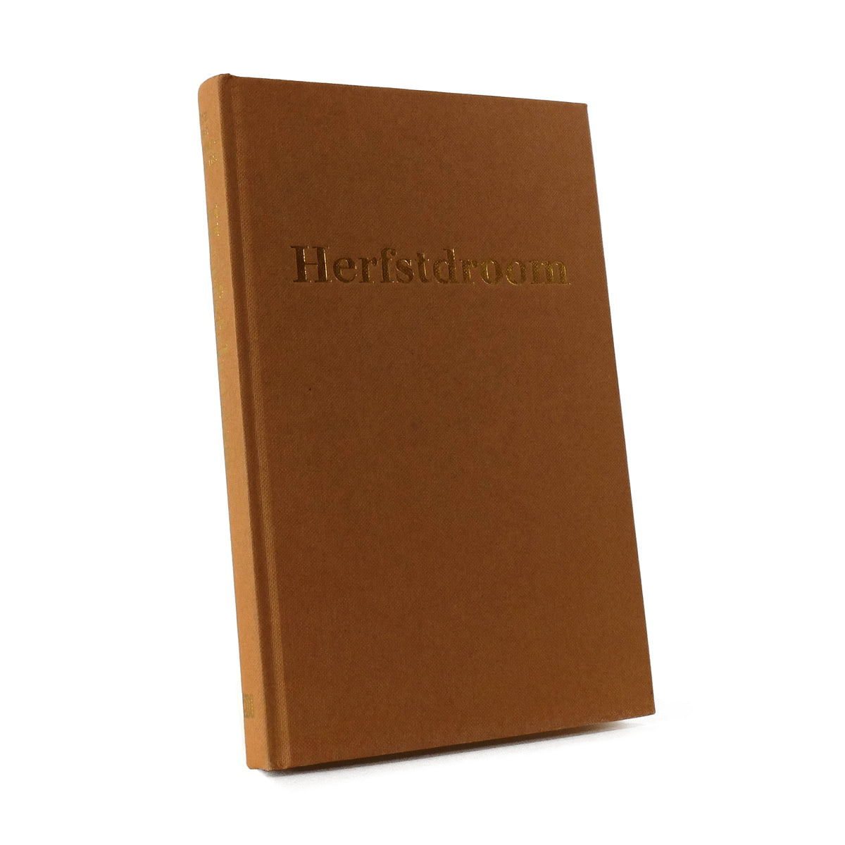 About Blanks notitieboek van de beige linnen kaft van Herfstdroom van Ine ten Broeke-Bruins, vooraanzicht schuin
