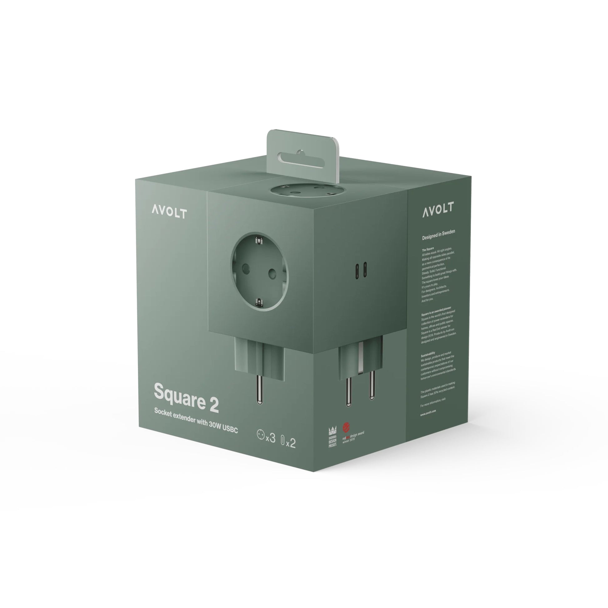 Avolt Square 2 Stekkerdoos & USB-C Oplader│Oak Green│art. SQ2-EUFC30-WMOG│verpakking