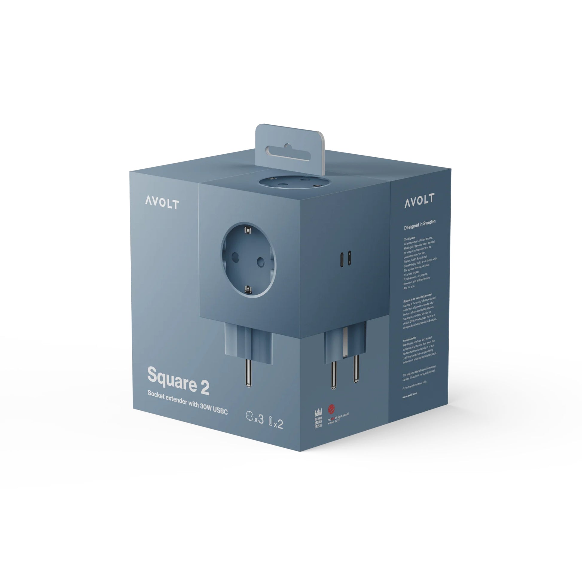 Avolt Square 2 Stekkerdoos & USB-C Oplader│Shark Blue│art. SQ2-EUFC30-WMSHB│verpakking