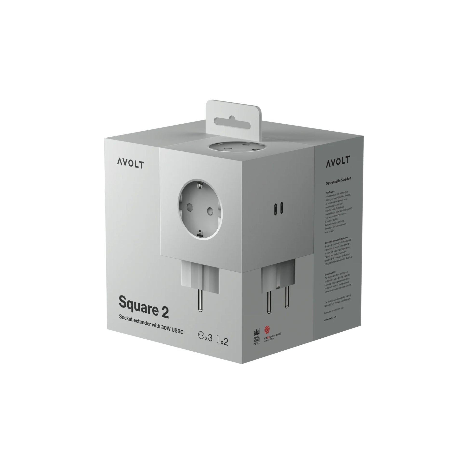 Avolt Square 2 Stekkerdoos & USB-C Oplader│Gotland Grey│art. SQ2-EUFC30-WMGG│verpakking
