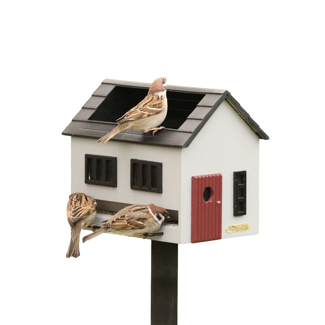 Vogelhuis met Bad Grijs│Wildlife Garden│art. WG356│op houten paal met vogeltjes en witte achtergrond