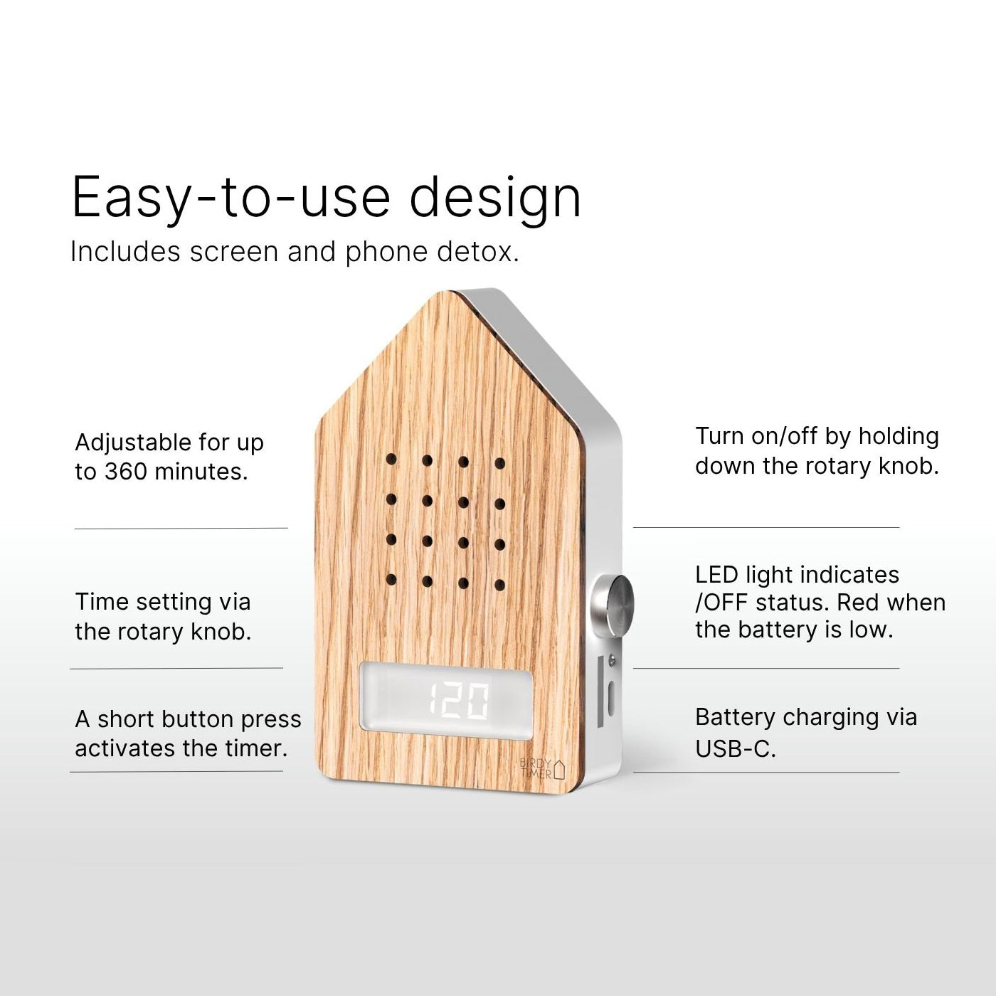 Birdytimer Eikenhout│Kookwekker Relaxound│art. 11BBT0201001│voorkant met uitleg bediening