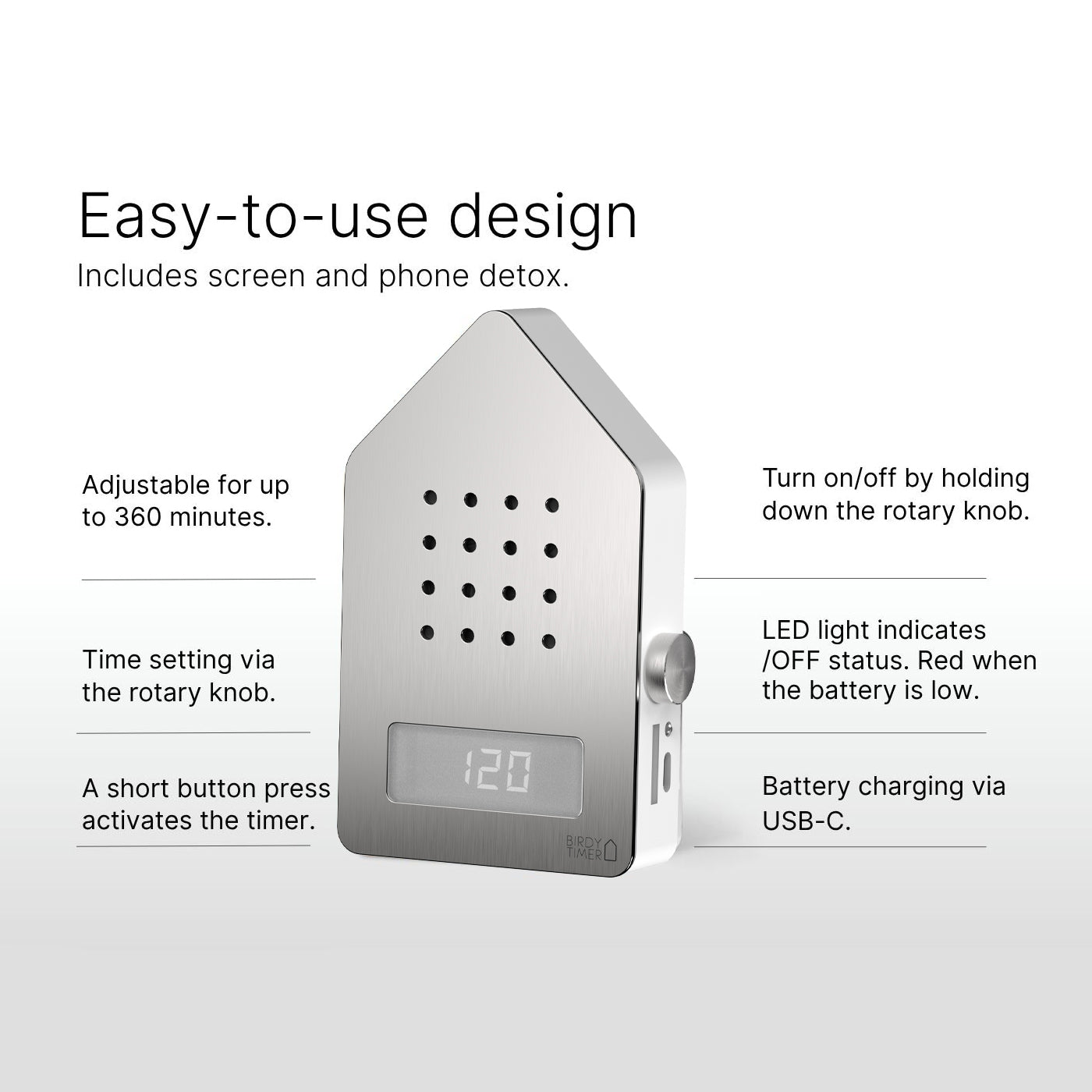 Birdytimer Roestvrij Staal│Kookwekker met Vogelgeluiden Relaxound│art. 1BBT0401001│voorkant met uitleg bediening