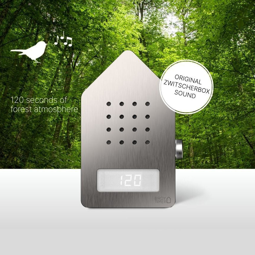 Birdytimer Roestvrij Staal│Kookwekker met Vogelgeluiden Relaxound│art. 1BBT0401001│voorkant met bos op achtergrond