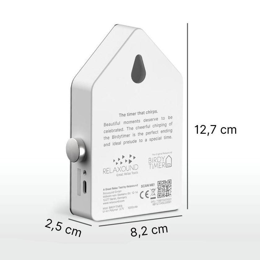 Birdytimer Roestvrij Staal│Kookwekker met Vogelgeluiden Relaxound│art. 1BBT0401001│achterkant met afmetingen