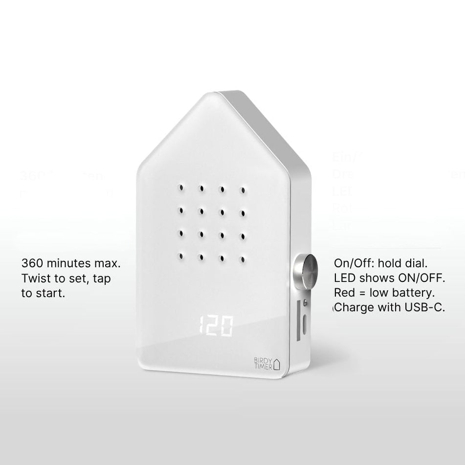 Birdytimer Classic Wit│Kookwekker met Vogelgeluiden│Relaxound│art. 11BBT0101001│vooraanzicht met uitleg