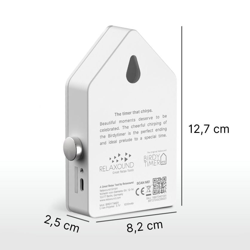 Birdytimer Classic Wit│Kookwekker met Vogelgeluiden│Relaxound│art. 11BBT0101001│achterkant met afmetingen