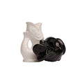 Gluckigluck salt and pepper shaker fish, the white one standing and the black one lying down.