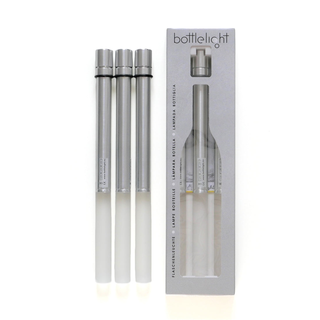 Bottlelight LED set van 3│Flessenlamp│met licht uit naast verpakking│art. BOT03-WT
