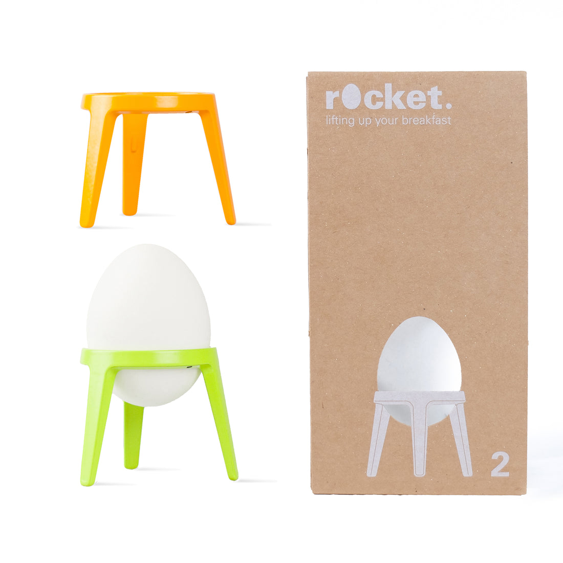 Eierdopjes Rocket Lime & Orange│art. A003054│naast verpakking