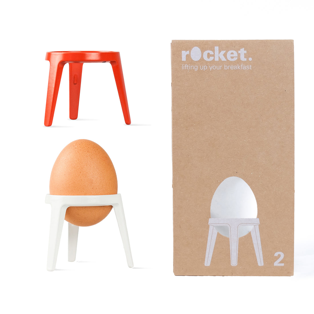 Eierdopjes Rocket Rood en Wit Brainstream│art. A004740│met en zonder ei naast verpakking