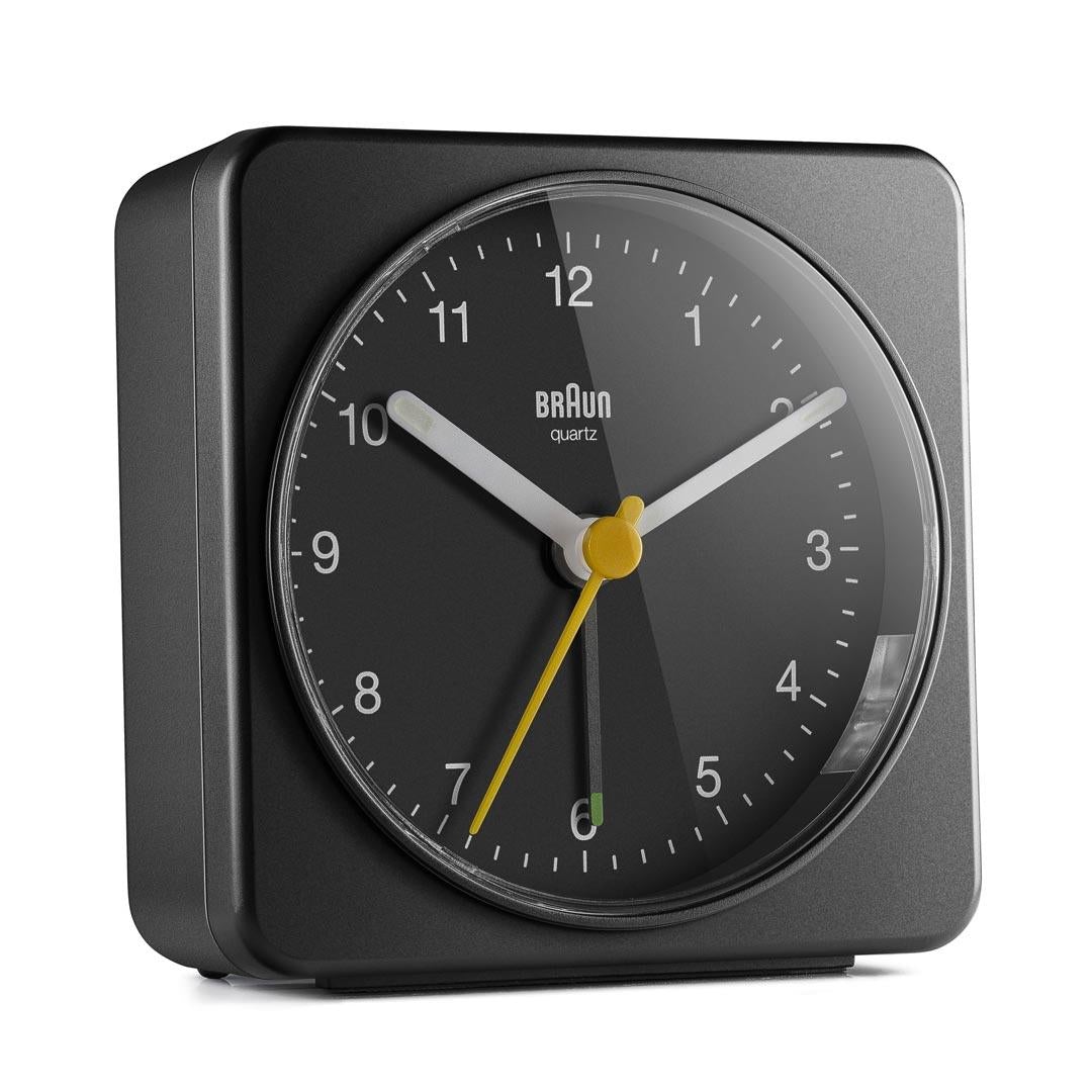 Braun BC03 silent analogue alarm clock black, angled front view