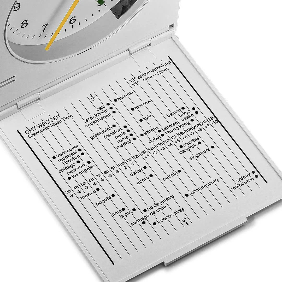 Braun Reiswekker BC05W Wit Analoog│binnenkant klepje met wereld tijdzonekaart