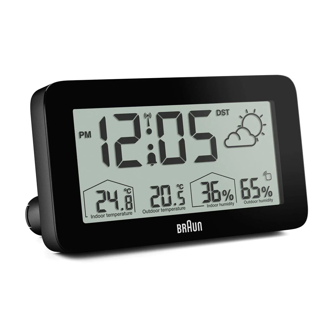 Braun BC13-DCF Wetterstation Schwarz, Schrägansicht von vorn mit ausgeschaltetem Display