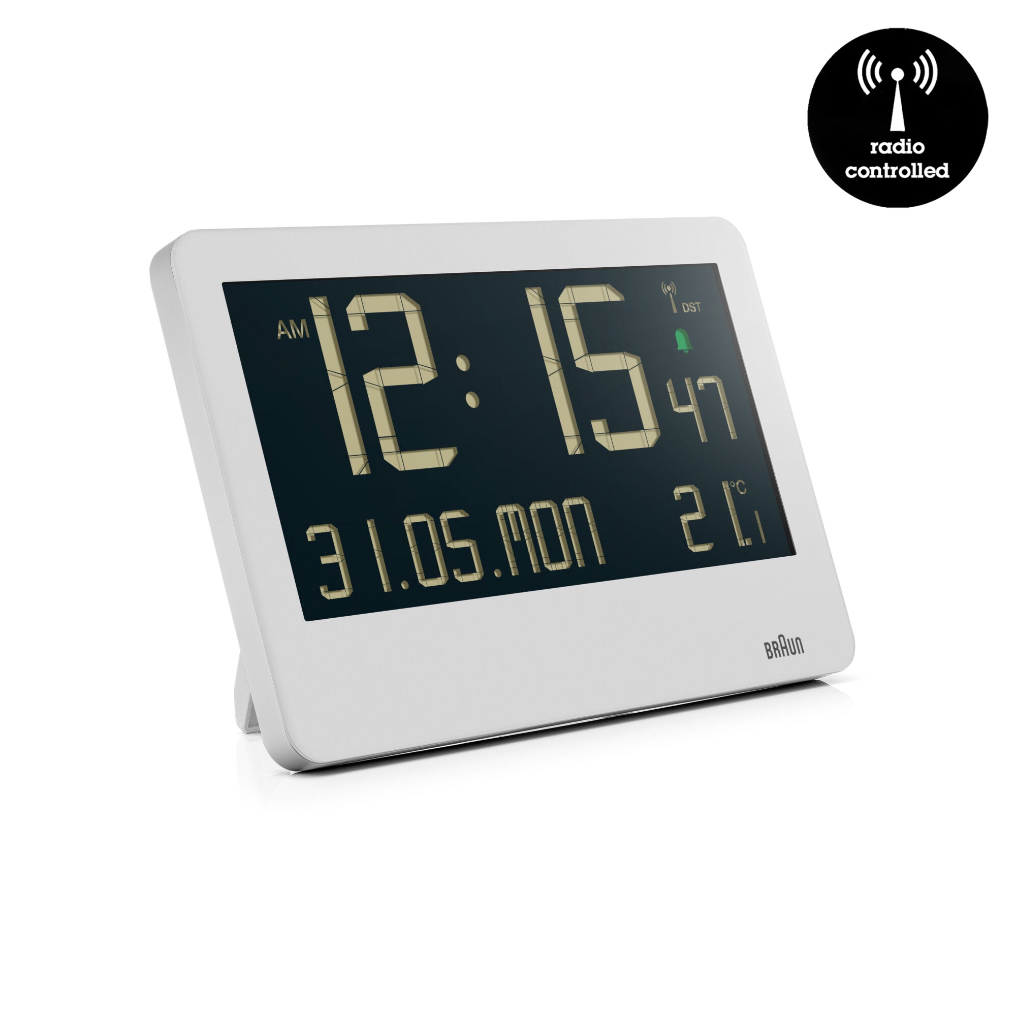 Braun Wandklok Digitaal BC14W-DCF Wit│Radiogestuurd│vooraanzicht met radio-controlled teken