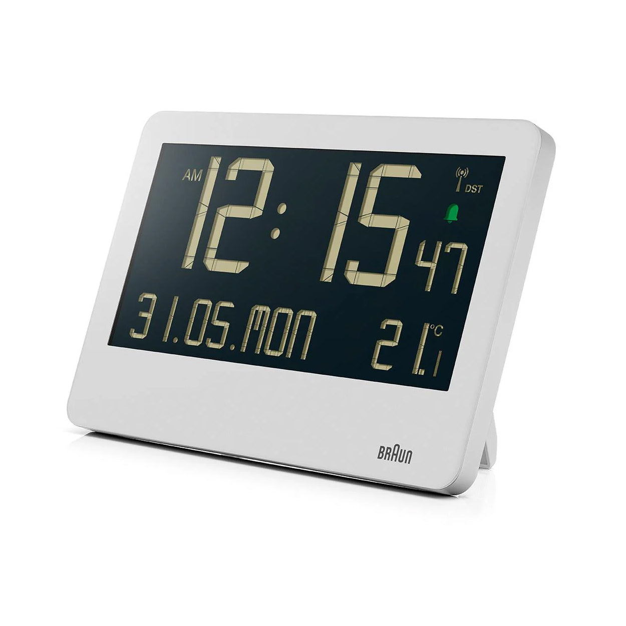 Braun Wandklok Digitaal BC14W-DCF Wit│Radiogestuurd│vooraanzicht schuin links