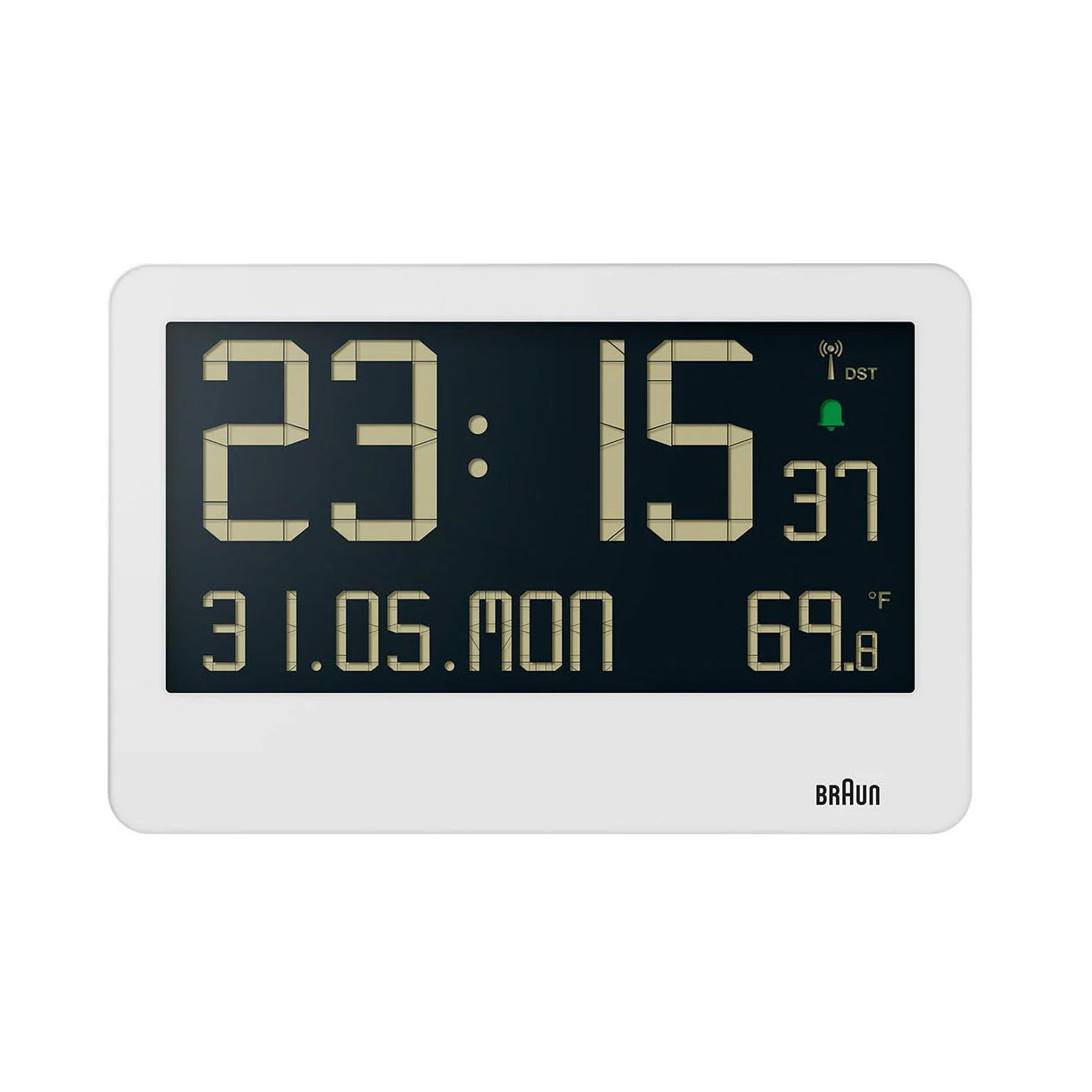 Braun Wandklok Digitaal BC14W-DCF Wit│Radiogestuurd│vooraanzicht met 24-uurs functie