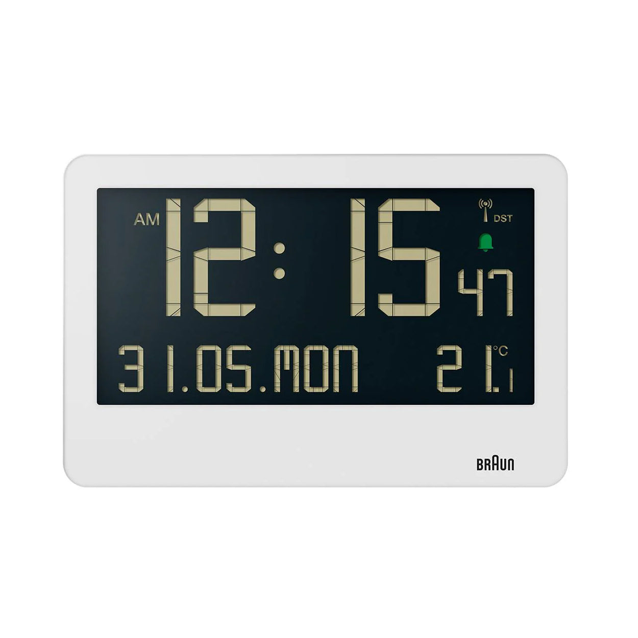 Braun Wandklok Digitaal BC14W-DCF Wit│Radiogestuurd│vooraanzicht met 12-uurs functie