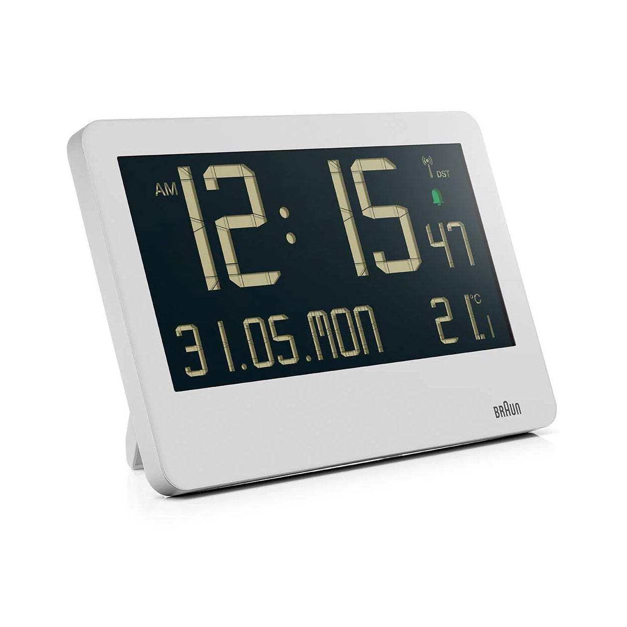 Braun Wandklok Digitaal BC14W-DCF Wit│Radiogestuurd│vooraanzicht schuin rechts