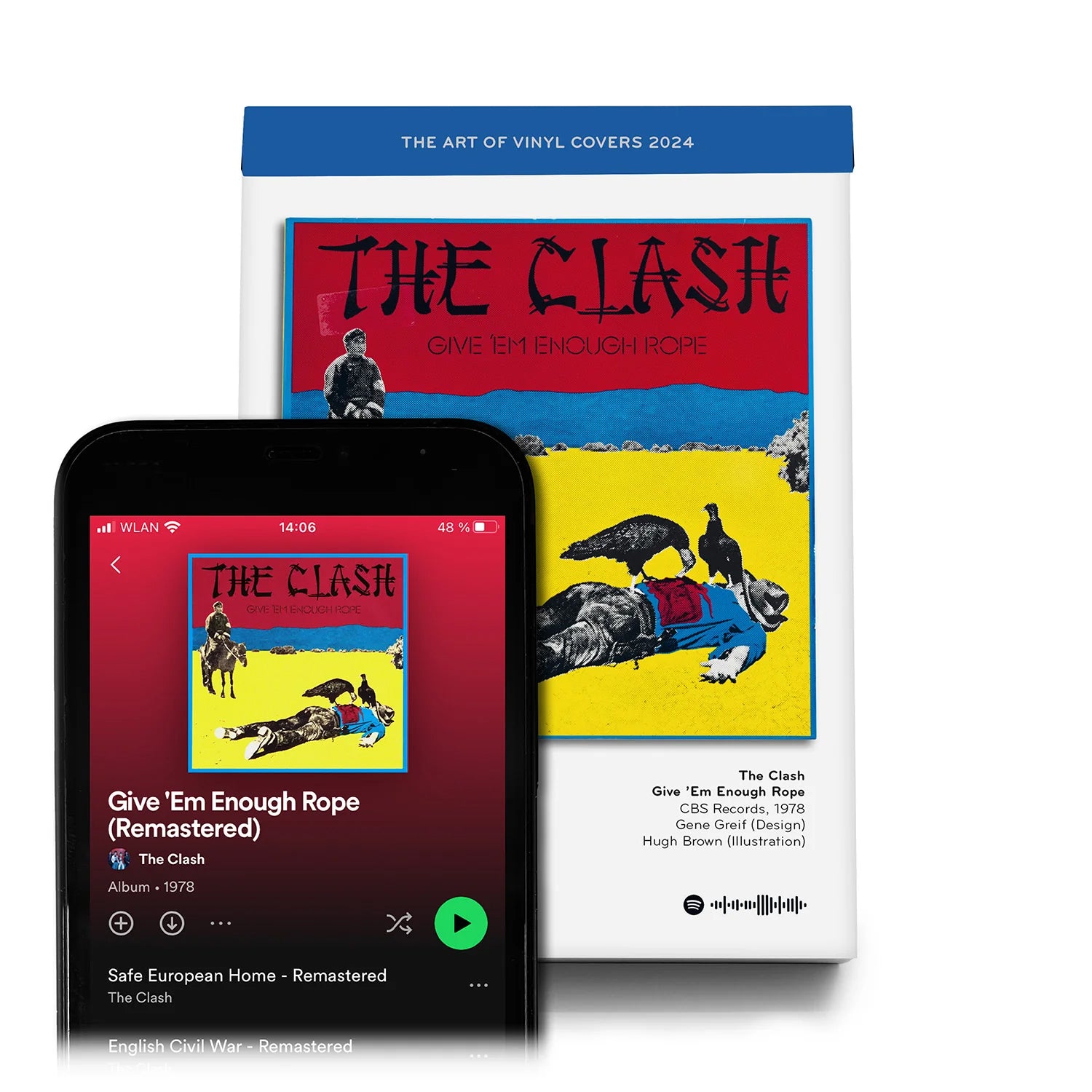 Scheurkalender the Art of Vinyl Covers 2024│hoes van the Clash met spotify op telefoon