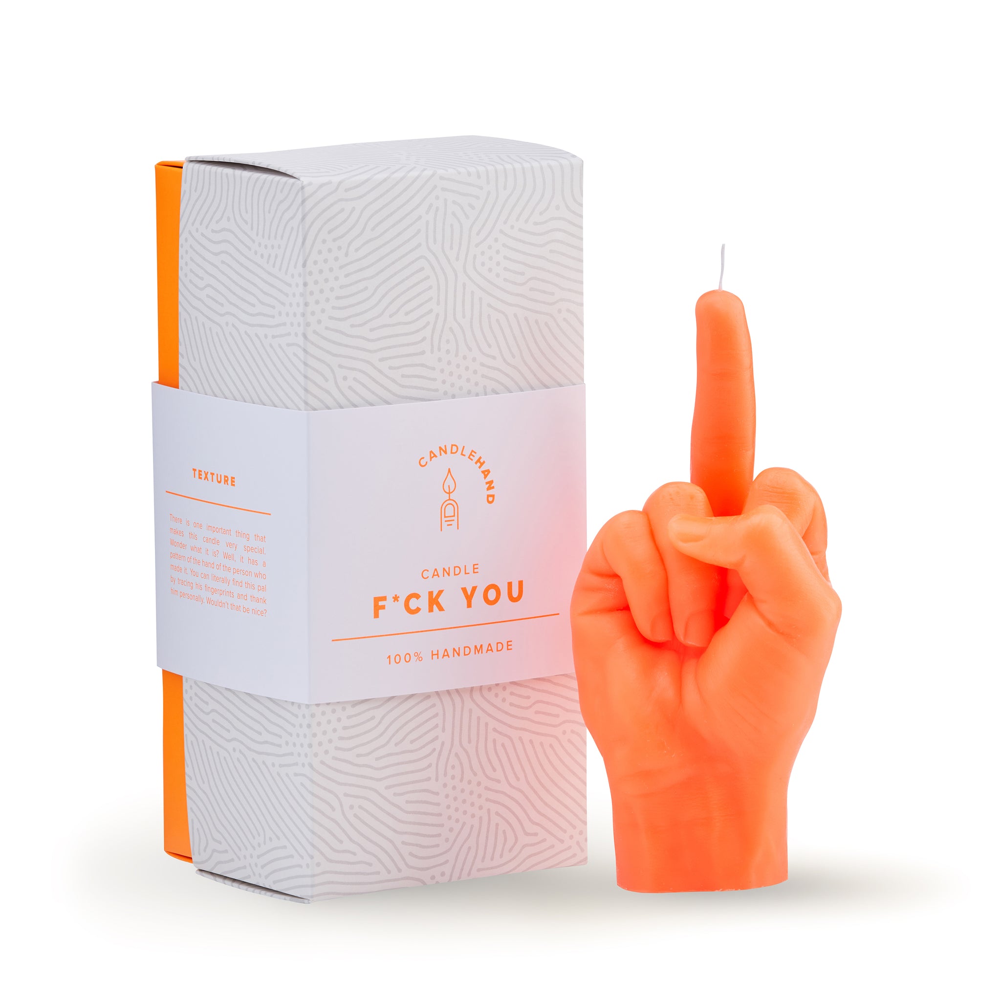 Candlehand Fuck You Kaars neon Orange│art. FCK-NEO-ORANGE│achterkant naast verpakking