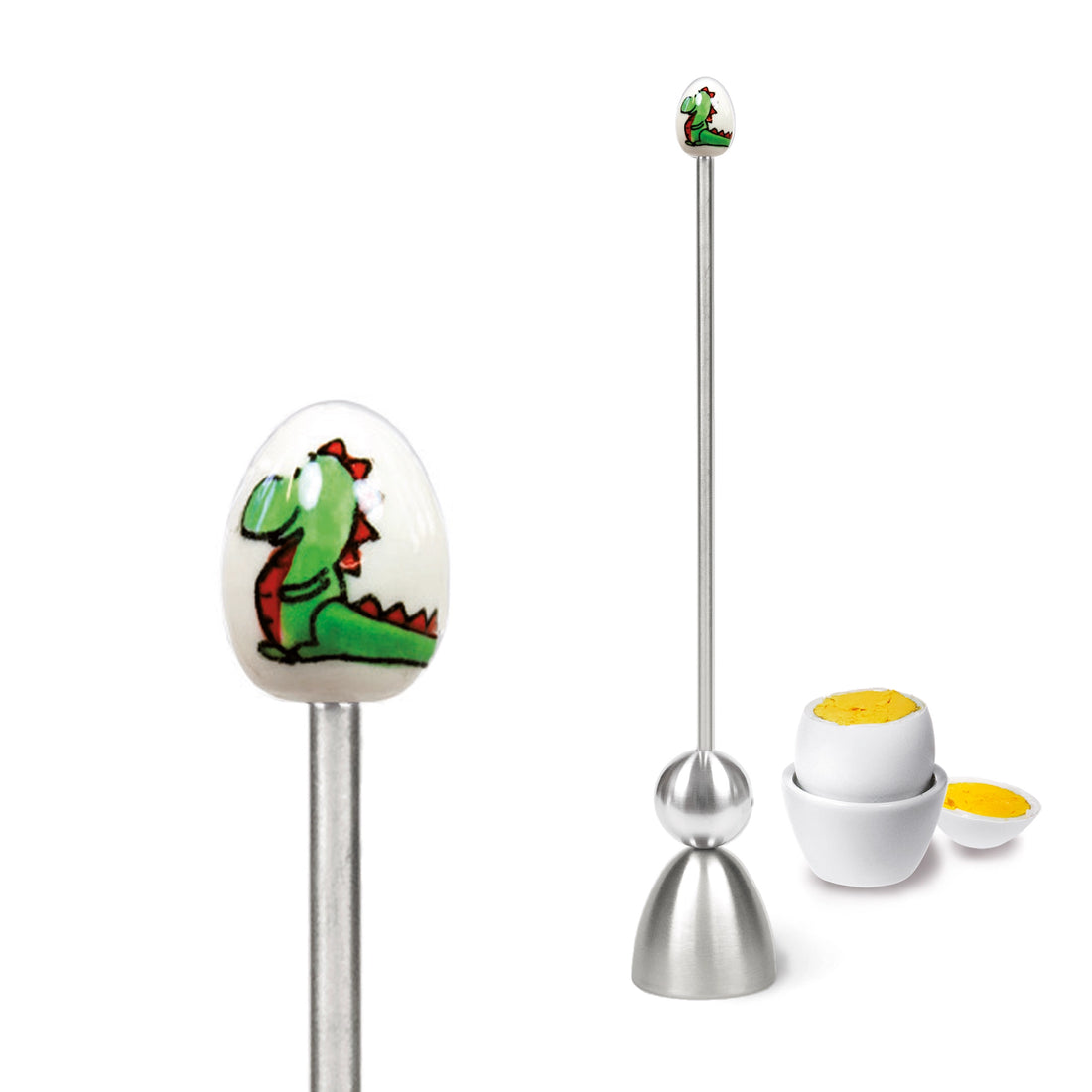 Clack egg topper with a ceramic egg with a dragon, close up beside a boiled egg.