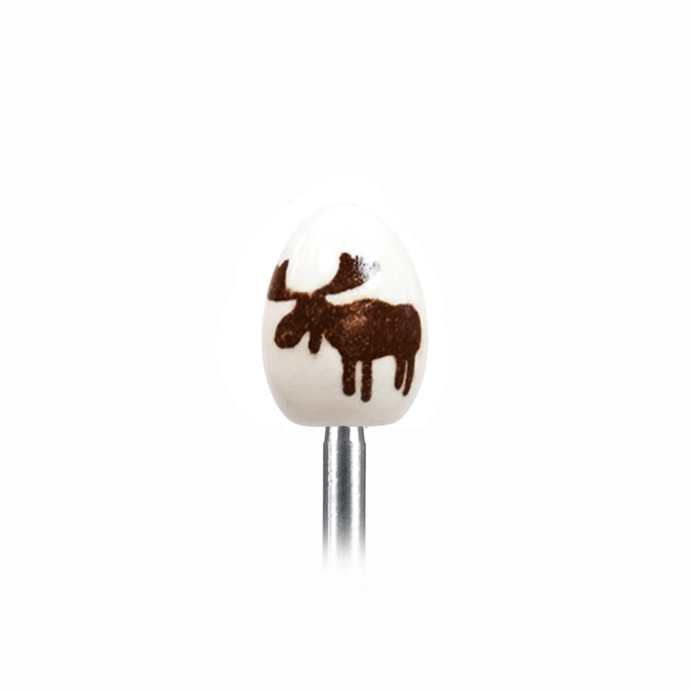 Close-up of the ceramic egg with a hand-painted elk.