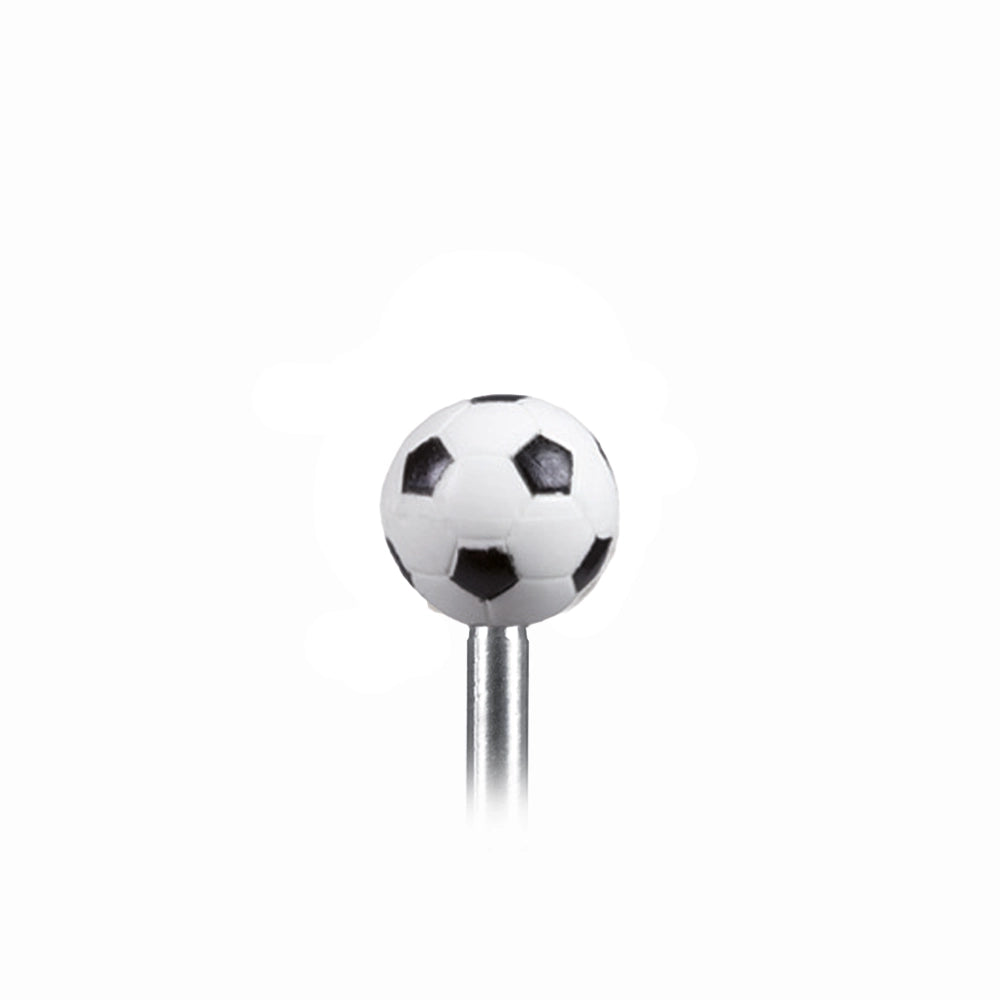 Clack egg topper with a football, close up beside a boiled egg.