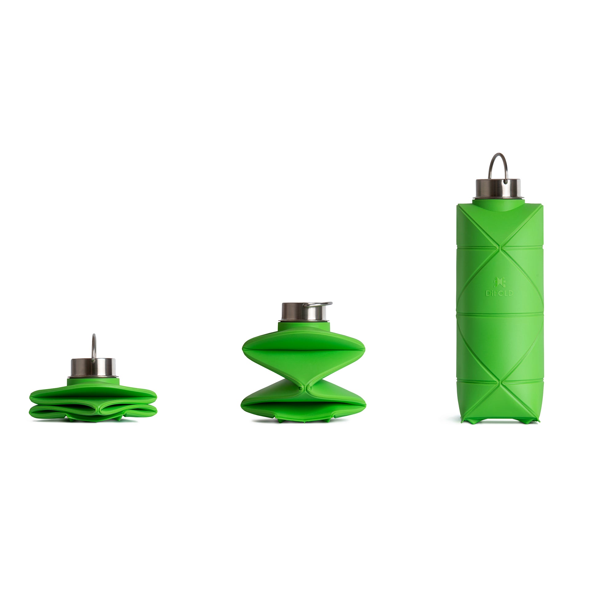 Difold Origami Waterfles Mighty Green│art. DFOB25/750GREE│open , half geopend en gesloten naast elkaar