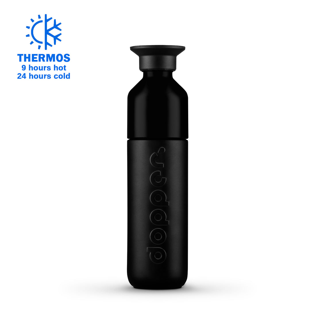 Dopper Insulated Small Blazing Black│Thermosfles 350ml zwart│art. 2059│vooraanzicht met Thermos logo