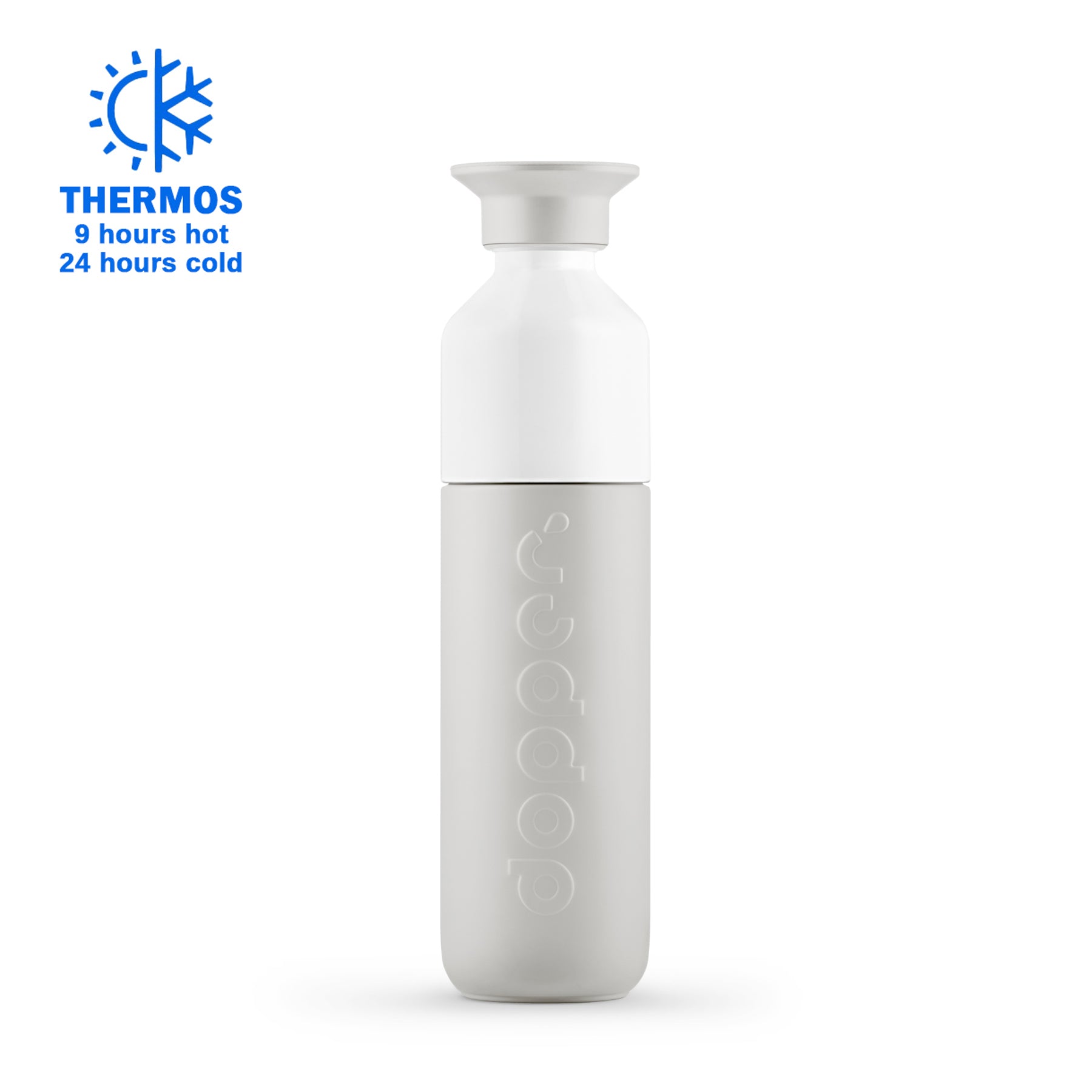 Dopper Insulated Small 350ml Gentle Grey│Thermosfles│art. 5319│vooraanzicht met Thermos logo