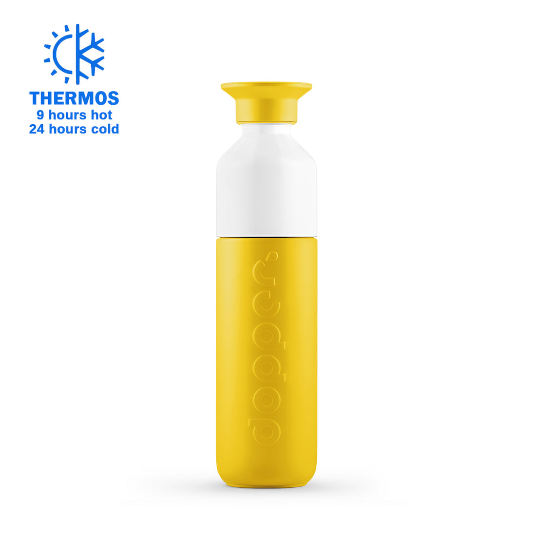 Dopper Insulated Small Lemon Crush│Thermosfles 350ml Geel│art. 4466│vooraanzicht met Thermos logo