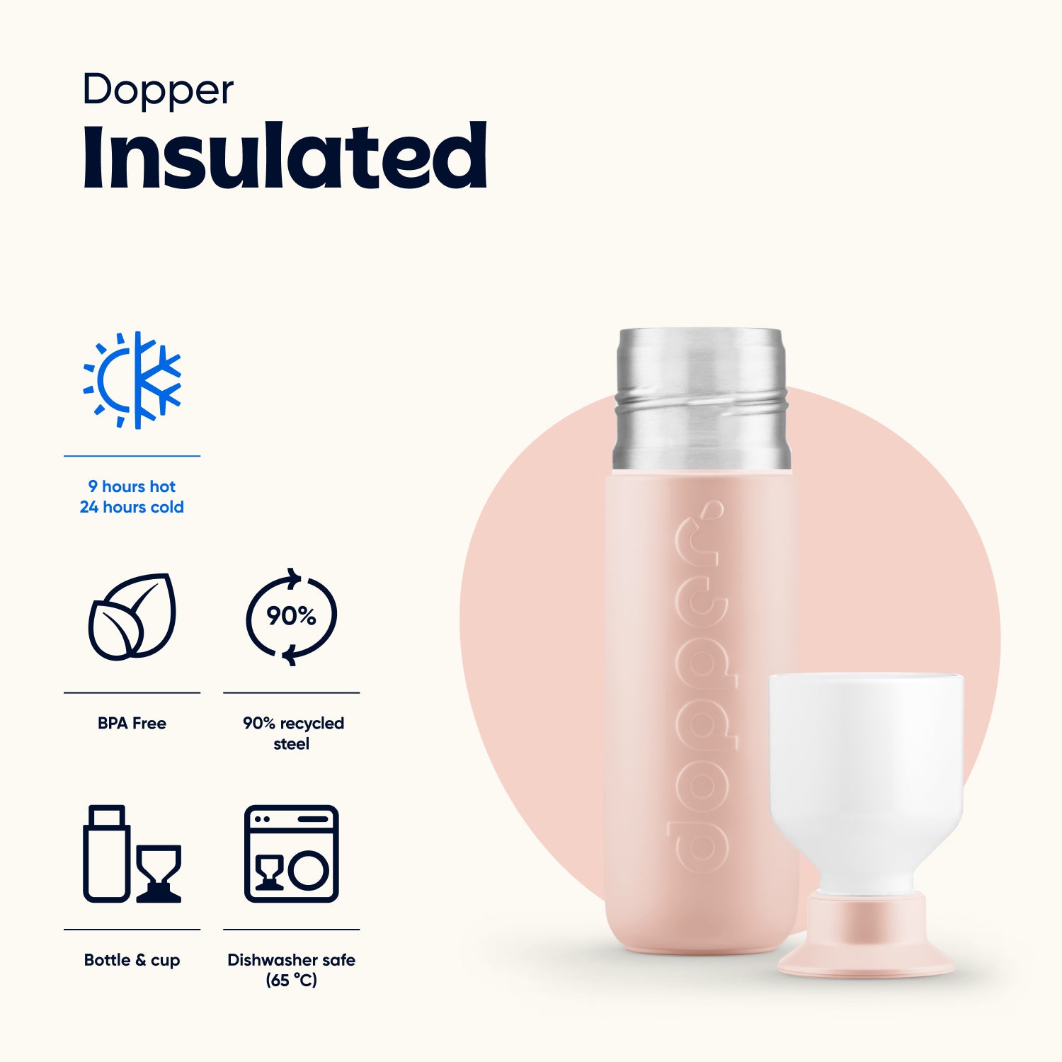 Dopper Insulated Large Pebble Peach│Thermosfles 580 ml│art. 6866│eigenschappen