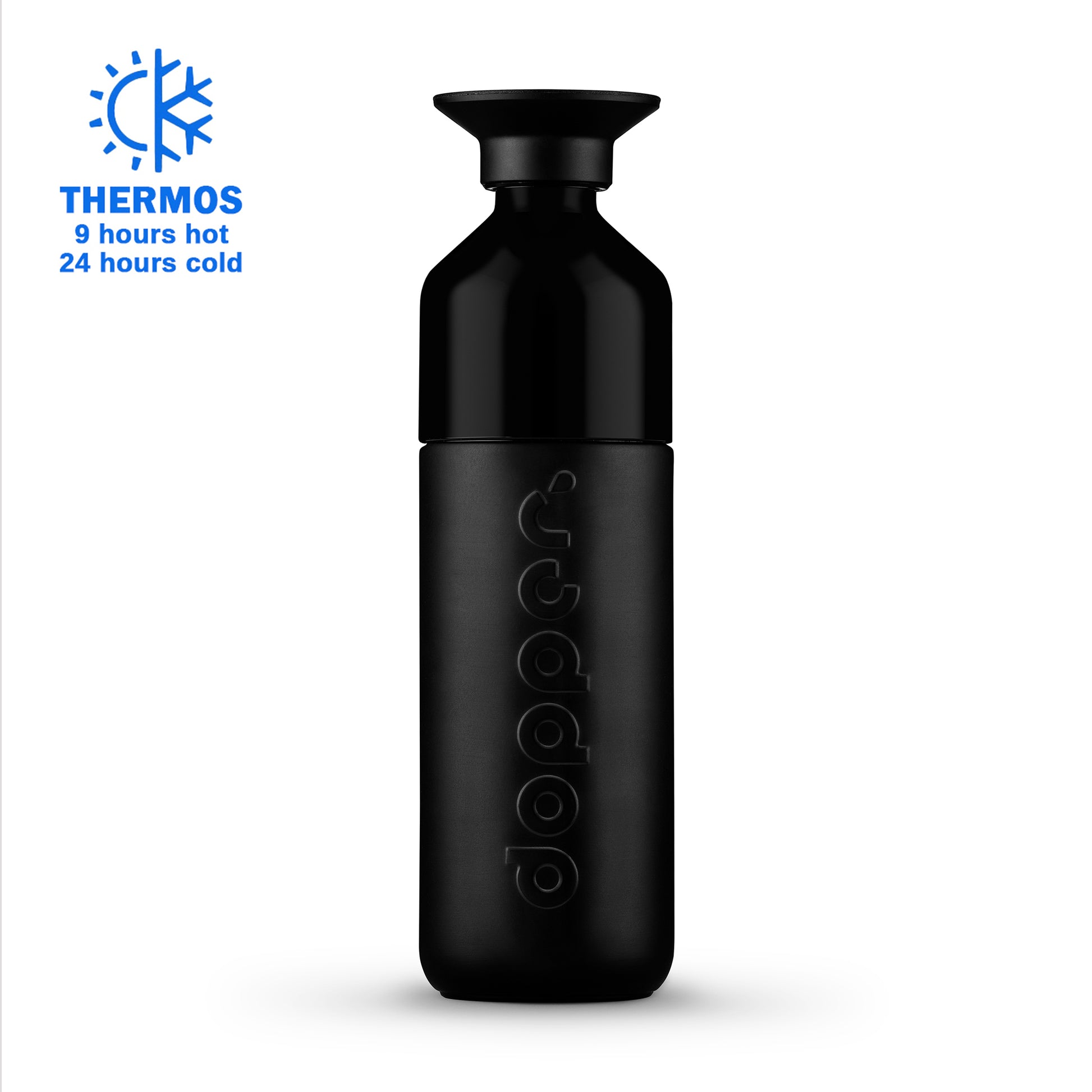 Dopper Insulated Large Blazing Black│Thermosfles 580ml Zwart│art. 2035│vooraanzicht met Thermos logo