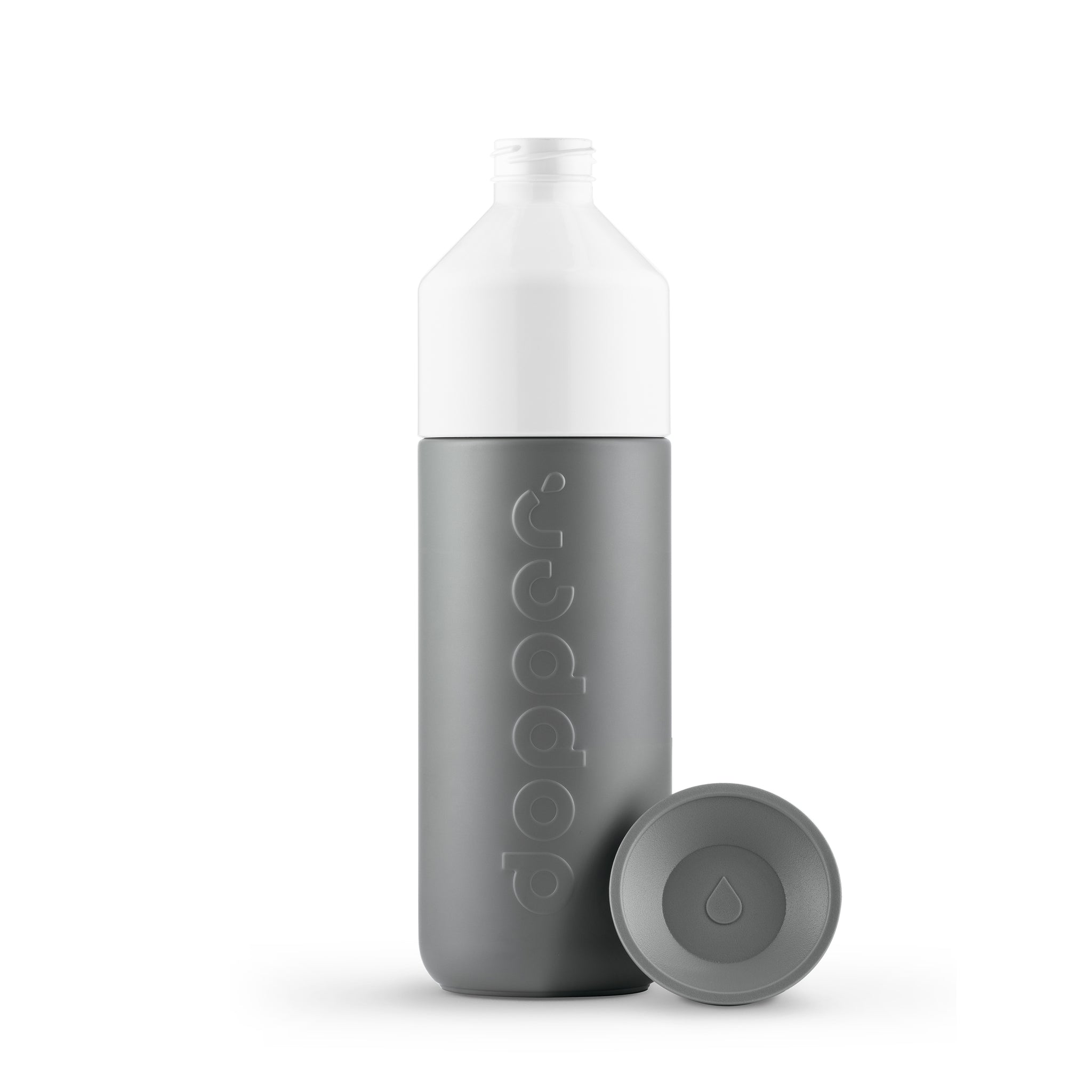 Dopper Insulated Large Glacier Grey│Thermosfles 580ml Grijs│art. 1106│voorkant met losse dop naast fles