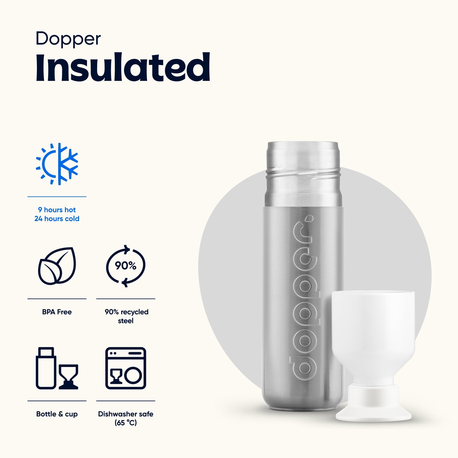 Dopper Insulated large Silver│Thermosfles 580ml│art. 7160│eigenschappen