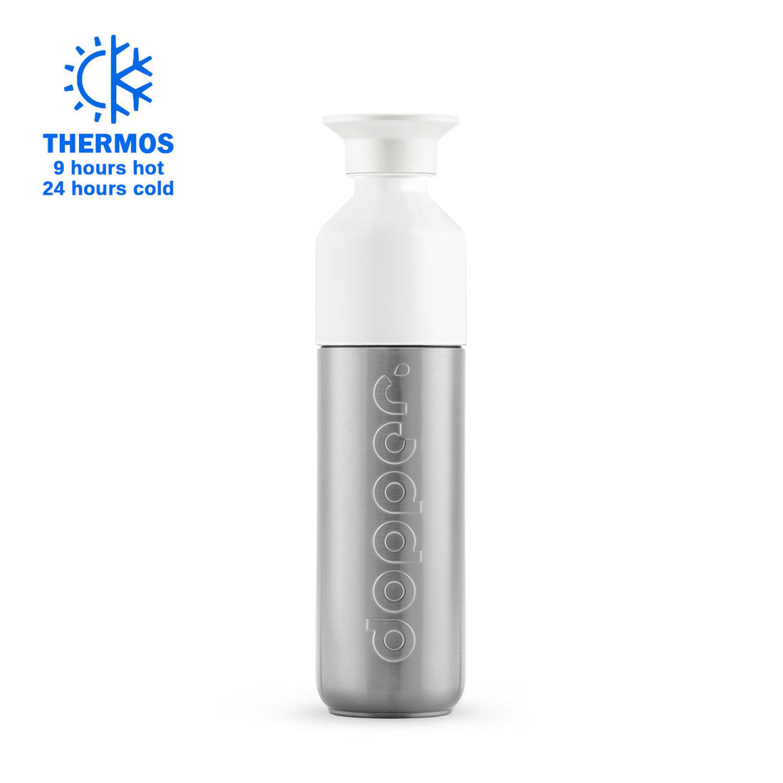 Dopper Insulated Silver Thermosfles 350ml│art. 7214│vooraanzicht met Thermos logo