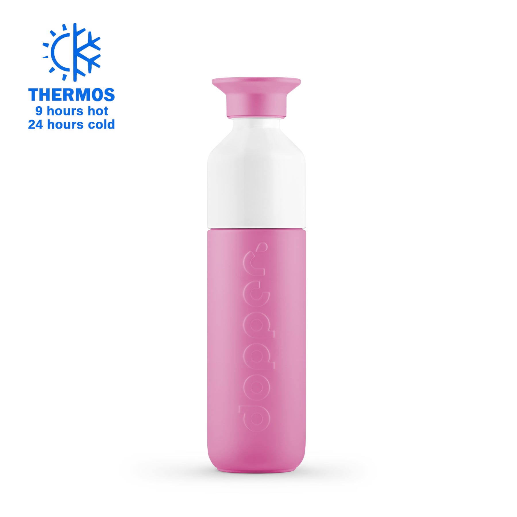 Dopper Insulated Small Pelican Pink( Thermosfles roze) - vooraanzicht met witte achtergrond en Thermos-logo in bovenhoek