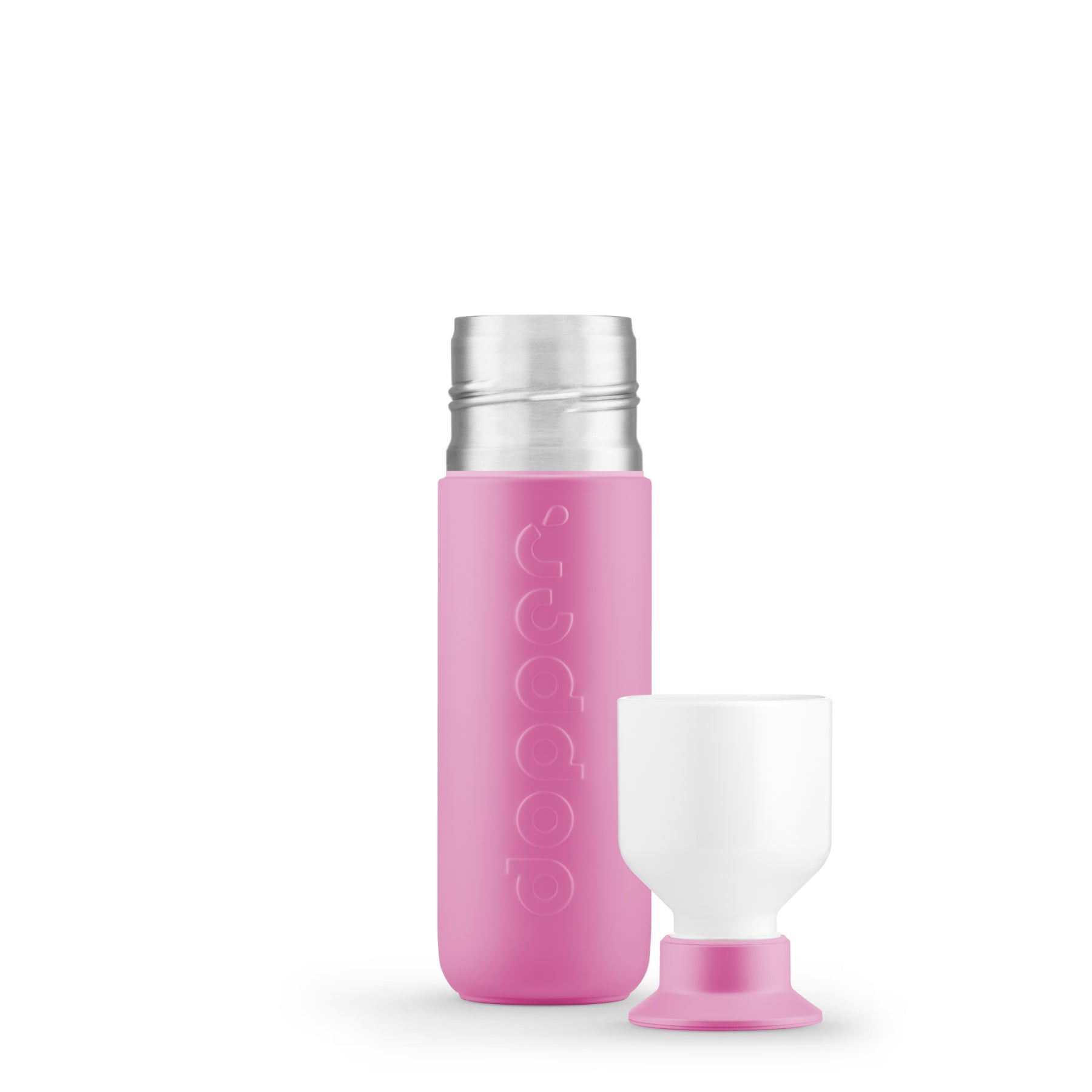 Dopper Insulated Small Pelican Pink( Thermosfles roze) - vooraanzicht met dop als beker naast de fles