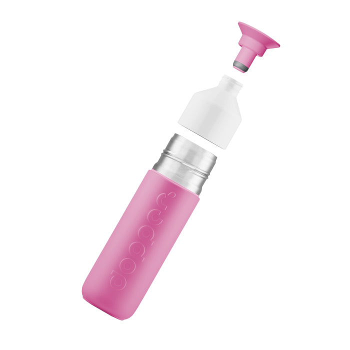 Dopper Insulated Small Pelican Pink (Thermosfles roze) - vooraanicht schuin met losse onderdelen boven elkaar zwevend