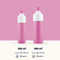 Dopper Insulated Pelican Pink( Thermosfles roze) - grote en kleine versie naast elkaar met vermelding van afmeting en gewicht