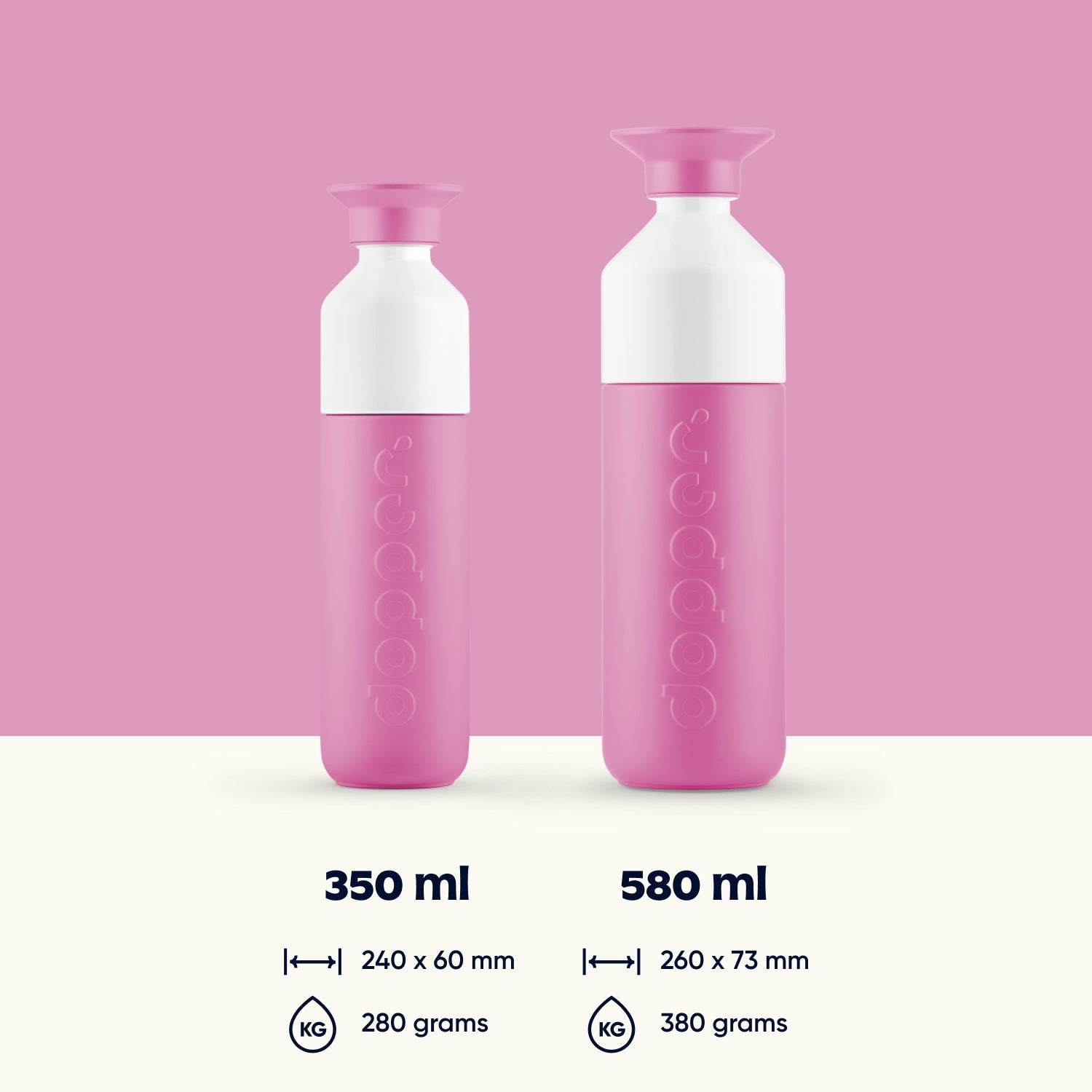 Dopper Insulated Pelican Pink( Thermosfles roze) - grote en kleine versie naast elkaar met vermelding van afmeting en gewicht