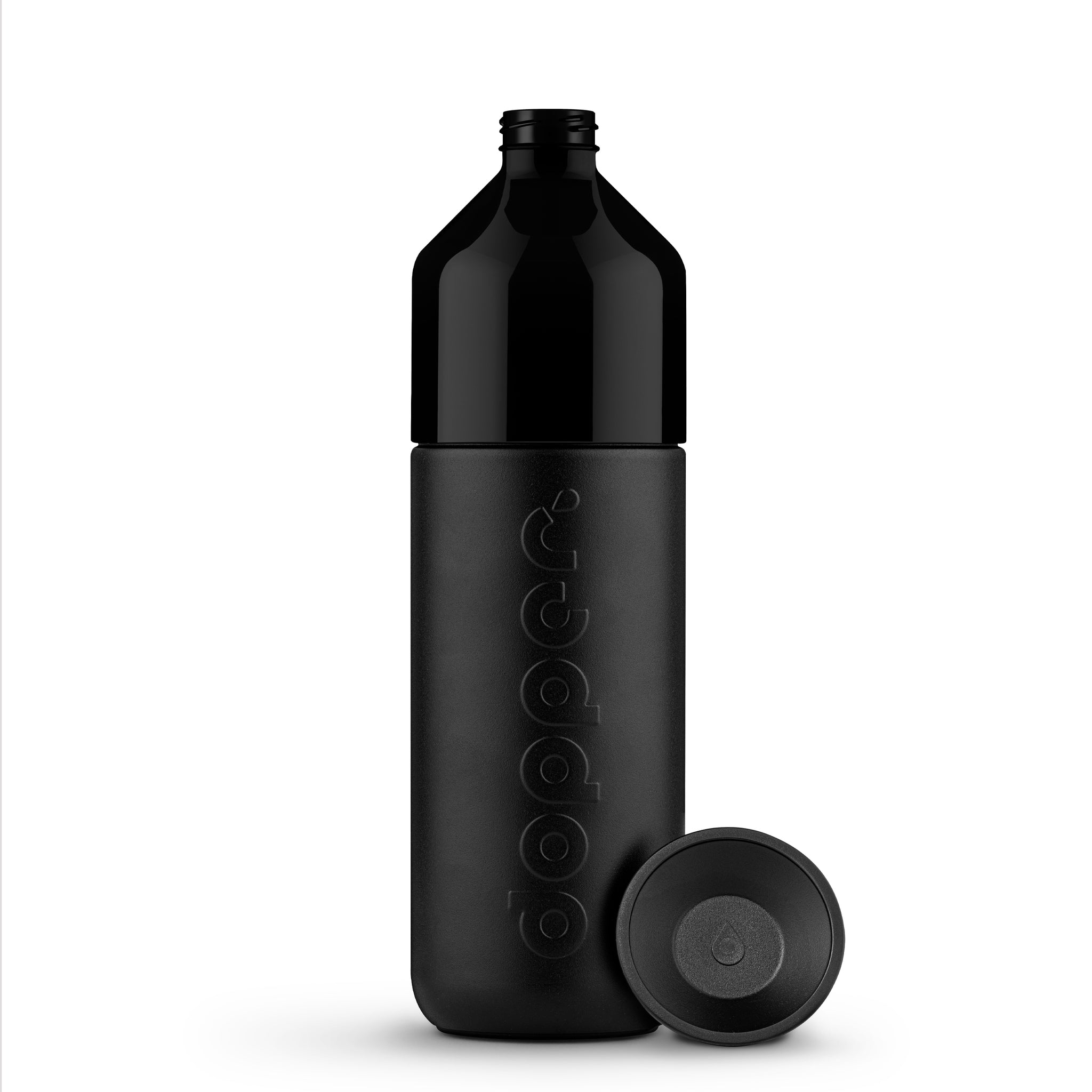 Dopper Insulated 1L Blazing Black│art. 5654│voorkant met dop naast fles