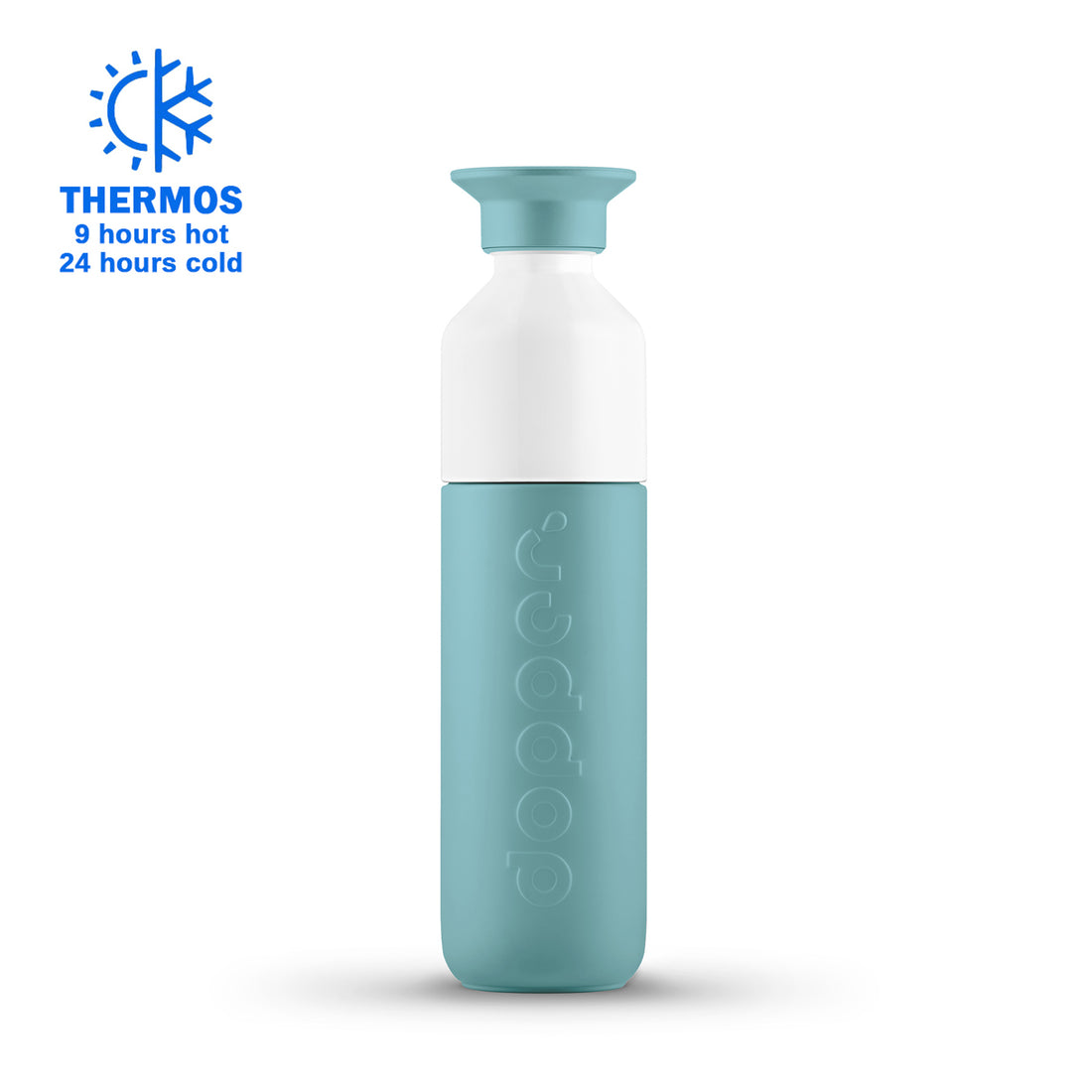 Dopper Insulated Small Bottlenose Blue│Thermosfles 350ml blauw│art. 5296│vooraanzicht met Thermos logo