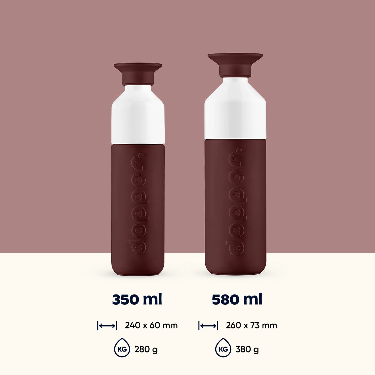 Insulated Thermosflasche 350 ml Cedar Brown (Braun) - neben der 580 ml mit Angabe von Inhalt, Gewicht und Abmessung