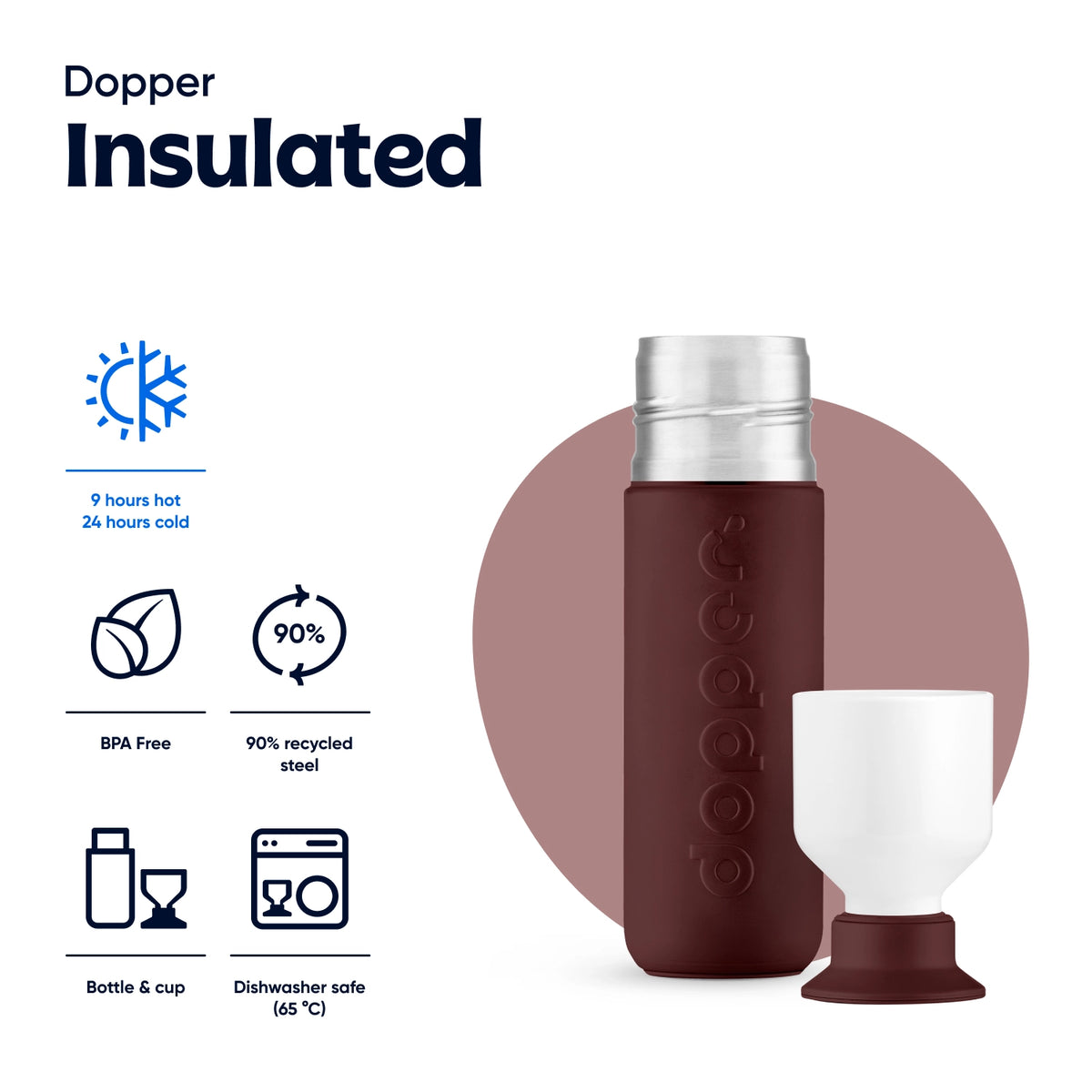 Insulated Thermosflasche 350 ml Cedar Brown (Braun) - Vorderansicht mit losem Becher und Angabe der Eigenschaften thermos, BPA free, 90% recycled steel, bottle and cup und dishwasher safe