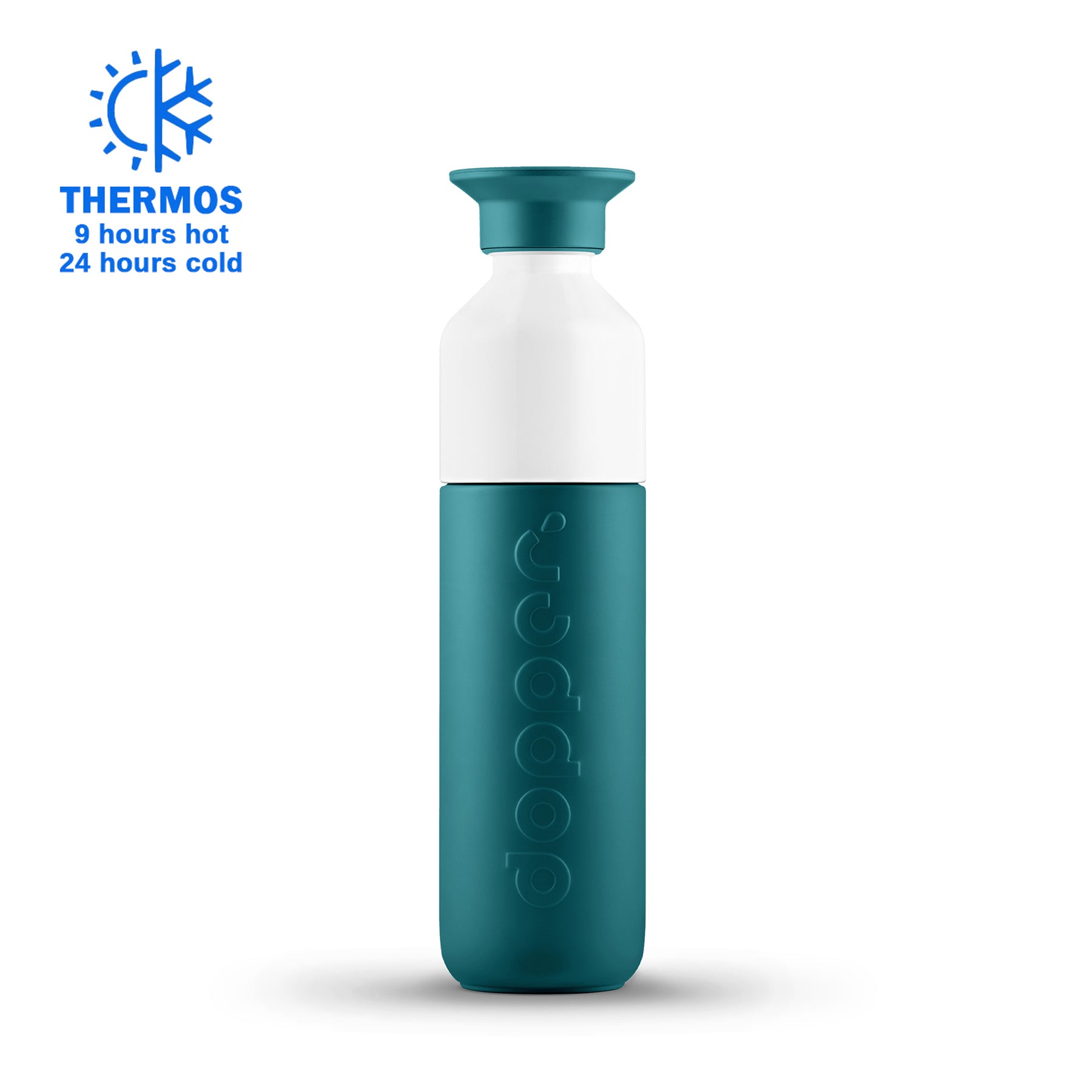 Dopper Insulated Small Green Lagoon│Thermosfles 350ml│art. 5333│vooraanzicht met Thermos logo