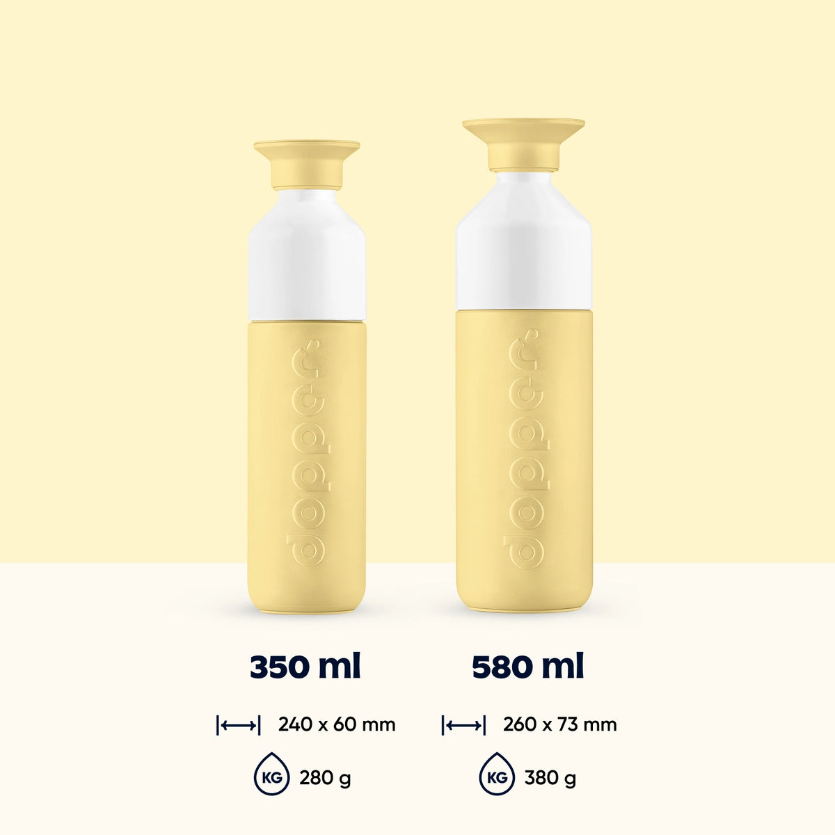 Insulated Bottle 350 ml Maple Yellow (yellow) - beside the 580 ml with capacity, dimensions and weight shown